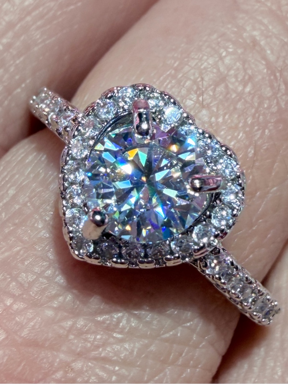 Sparkling Moissanite Heart Shape with Halo and Shimmering Stones on Band